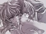  blush closed_eyes from_behind kazanari_tsubasa maria_cadenzavna_eve monochrome multiple_girls nude rhapsode senki_zesshou_symphogear shoulder_kiss wince yuri 