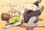  2boys eyes_closed junkrat_(overwatch) lucio_(overwatch) lying lying_on_person male_focus multiple_boys overwatch smile 