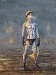  angry bandage bulge canine clothing growling hair headband loincloth long_hair male mammal marsonaut mud muscular night pecs raining scar storm wet wolf 