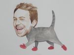  cat charlie_day facial_hair feline foot_wear hair human kitten_mittens mammal mittens oil_painting raised_tail simple_background smile teeth white_background 