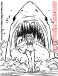  anthro bikini clothing cybercat duo feline female feral jaws looking_at_viewer male mammal megalodon monochrome open_mouth smile swimsuit 
