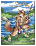  anthro barefoot breasts canine clothing cybercat female fur grass hair loincloth mammal melee_weapon outside polearm river solo spear standing traditional_media_(artwork) water watermark weapon wolf 
