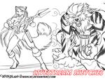  anthro canine clothing cybercat duo female loincloth looking_at_viewer male mammal melee_weapon monochrome muscular polearm spear standing weapon 