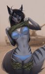  2016 5_fingers anthro black_hair black_lips black_nose black_sclera blue_eyes blurred_background bra breasts camel_toe canine chest_tuft clothed clothing clothing_lift day eyebrows eyelashes female fluffy fluffy_tail fur grey_fur hair hi_res inner_ear_fluff looking_at_viewer mammal navel neri outside panties partially_clothed shirt shirt_lift smile solo tank teeth totesfleisch8 tuft underwear undressing vehicle wide_hips wolf 