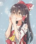  ascot bad_id bad_pixiv_id black_hair blue_background breathing_on_hands brown_eyes brown_hair cold detached_sleeves goyain hair_ribbon hair_tubes hakurei_reimu long_hair looking_to_the_side looking_up ribbon sketch snowing solo touhou twitter_username upper_body 