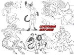  anthro canine clothed clothing cybercat dragon feathered_wings feathers feline female hug hybrid looking_at_viewer male male/female mammal monochrome multiple_images smile underwear wings 