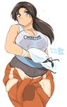  1girl bare_shoulders blue_eyes blush breasts brown_hair chell cleavage large_breasts long_hair looking_at_viewer mikomu plump ponytail portal solo sweat wide_hips 