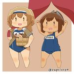 brown_eyes brown_hair bucket capriccyo chibi hairband i-26_(kantai_collection) i-401_(kantai_collection) kantai_collection light_brown_eyes light_brown_hair long_hair multiple_girls name_tag new_school_swimsuit noren old_school_swimsuit one-piece_swimsuit ponytail rubber_duck sailor_collar school_swimsuit short_ponytail short_sleeves standing swimsuit swimsuit_under_clothes tan tanline towel two-tone_hairband two_side_up 