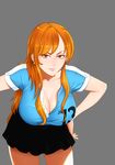  black_skirt breasts brown_eyes cleavage earrings jewelry large_breasts leaning_forward long_hair nami_(one_piece) one_piece orange_hair rannero shirt skirt smile solo tattoo 