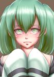  bifidus border_break closed_mouth dabu-chan eyebrows_visible_through_hair face green_eyes green_hair hair_between_eyes looking_at_viewer short_hair sleeves_past_wrists solo twintails 