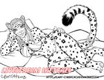  anthro clothed clothing cybercat feline female looking_at_viewer lying mammal monochrome on_side smile solo wide_hips 