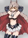  :d armor armpits arms_behind_head bandeau berserker_(granblue_fantasy) blonde_hair breasts brown_eyes cape collarbone djeeta_(granblue_fantasy) eyebrows eyebrows_visible_through_hair fur_collar granblue_fantasy grey_background hair_between_eyes heart_cutout highres koenza_botoke looking_at_viewer medium_breasts open_mouth pleated_skirt shirt short_hair simple_background skirt smile solo v-shaped_eyebrows white_shirt wolf_hat 
