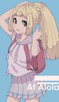  armpit_peek backpack bag blonde_hair blue_background green_eyes highres kogecha_(coge_ch) lillie_(pokemon) long_hair open_mouth pokemon pokemon_(game) pokemon_sm ponytail simple_background skirt solo spoilers white_skirt 