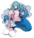 abs arm_support blue_eyes blue_hair collarbone eyebrows eyebrows_visible_through_hair frills gen_7_pokemon lips long_hair looking_at_viewer male_focus merman monster_boy muscle navel nipples personification pokemon primarina see-through shihoran smile solo very_long_hair 