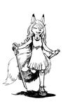  3_tails anthro blind canine chloe_placeholder clothing dress eyes_closed female fox hair latchkey_kingdom long_hair mammal melee_weapon monochrome multi_tail p5ych running simple_background smile sword weapon white_background yuman 