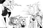  :x absurdres bismarck_(kantai_collection) braid chibi commentary dress drooling english food french_braid german greyscale happy_birthday hat highres in_the_face iowa_(kantai_collection) kantai_collection lineart long_hair monochrome motion_blur multiple_girls off-shoulder_dress off_shoulder pie pie_in_face saratoga_(kantai_collection) shawl thighhighs throwing tsukuba_0623 twitter_username warspite_(kantai_collection) 