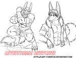  abs anthro canine clothed clothing cybercat duo flexing jackal looking_at_viewer male mammal monochrome muscular smile 
