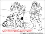  anthro chakat cybercat duo feline female looking_at_viewer mammal monochrome shovel standing taur treasure_chest 