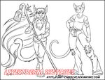  anthro clothed clothing cybercat duo feline female looking_at_viewer male mammal monochrome smile staff standing 