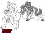  anthro archery canine cybercat duo jackal looking_at_viewer male mammal monochrome muscular nipple_piercing nipples piercing smile 