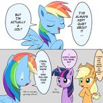  2016 applejack_(mlp) cowboy_hat dialogue earth_pony english_text equine feathered_wings feathers female feral freckles friendship_is_magic fur group hair hat horn horse mammal multicolored_hair my_little_pony pegasus pony purple_eyes rainbow_dash_(mlp) ryuu_chan text twilight_sparkle_(mlp) winged_unicorn wings 