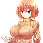  arms_up bangs blonde_hair blue_eyes breasts commentary expressionless hair_between_eyes hands_on_own_head hands_up highres large_breasts looking_at_viewer original parted_lips ribbed_sweater setana short_hair simple_background solo sweater teeth watarui white_background 