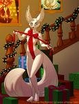  2016 anthro black_nose box brindle bulge canine christmas clothed clothing ear_piercing english_text etheras fennec fox fur girly holidays inside male mammal markings piercing portrait ribbons solo stairs text white_fur yellow_eyes 