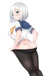  ass black_legwear blue_eyes blush breasts deneb_(noble324) hair_ornament hair_over_one_eye hairclip hamakaze_(kantai_collection) highres kantai_collection large_breasts looking_back pantyhose pantyhose_pull parted_lips sailor_collar school_uniform serafuku short_hair silver_hair simple_background solo white_background 