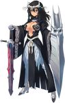  aquaplus armor armored_dress bou breasts center_opening cleavage dark_skin detached_sleeves dungeon_travelers_2 full_body grisherina_efleanor hair_ornament highres large_breasts long_hair looking_at_viewer shield solo standing sword thighhighs transparent_background weapon wide_sleeves 
