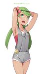  armpits arms_behind_head blush breasts cloba dark_skin fang flower green_eyes green_hair hair_flower hair_ornament highres long_hair mao_(pokemon) medium_breasts open_mouth pokemon pokemon_(game) pokemon_sm simple_background solo trial_captain twintails white_background 