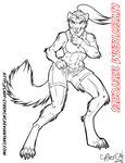  anthro canine clothed clothing cybercat female looking_at_viewer mammal monochrome muscular solo standing 