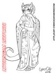  anthro clothing cybercat feline female horn japanese_clothing kimono looking_at_viewer mammal monochrome solo standing 