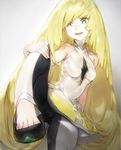  aos bare_shoulders blonde_hair feet green_eyes leg_lift leggings long_hair lusamine_(pokemon) multicolored multicolored_clothes multicolored_legwear pokemon pokemon_(game) pokemon_sm skirt solo toe_cleavage two-tone_legwear 