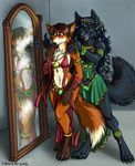  anthro canine clothed clothing cybercat duo female fox fur hair inside jewelry mammal mirror necklace open_mouth smile standing 
