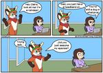  2016 canine chair clothed clothing comic computer daughter dialogue fake_ears father female fox fursuit fuzzt0ne green_eyes human inside laptop male mammal parent scarf sitting speech_bubble table text 
