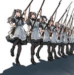  apron bayonet black_eyes black_legwear boots bow brown_eyes combat_boots commentary gun hair_bow hogeo long_hair maid marching military multiple_girls musket original pantyhose ponytail serious shadow short_hair simple_background sketch sling twintails walking weapon white_background 