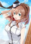  anchor belt blouse blue_eyes breasts brown_hair cloud day eyebrows eyebrows_visible_through_hair flight_deck hair_between_eyes hand_behind_head highres kantai_collection large_breasts long_hair looking_at_viewer neckerchief open_mouth pocket ponytail red_belt red_neckwear saratoga_(kantai_collection) short_sleeves side_ponytail sky solo white_blouse wind wind_lift yunamaro 