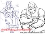  anthro ape blue_theme breasts clothed clothing cybercat duo feline female gorilla looking_at_viewer male mammal primate sketch smile 
