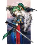  1girl animal armor bird fingerless_gloves fire_emblem fire_emblem:_rekka_no_ken fire_emblem_heroes fur_trim gloves green_eyes green_hair hair_ornament hawk high_ponytail long_hair lyndis_(fire_emblem) nintendo pelvic_curtain ponytail side_slit simple_background solo sword touji_22 weapon 