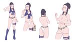  ass black_hair blue_eyes boots breasts character_sheet choker dave_cheung emi_summers freckles front-tie_top hair_bun jewelry knee_boots medium_breasts multiple_views navel_piercing necklace no_pants panties piercing platform_boots pussy salute smile space_ship_ferdinand tank_top thigh_pouch underboob underwear 