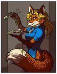  anthro canine chest_tuft clothed clothing cybercat female food fox fur hair mammal ralloonx smile solo standing sushi tuft 