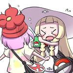  &gt;_&lt; bag bare_arms beanie blonde_hair blush bottle braid closed_eyes collared_dress dress duffel_bag floral_print flying_sweatdrops hanya_(hanya_yashiki) hat lillie_(pokemon) long_hair mizuki_(pokemon) multiple_girls open_mouth poke_ball_theme pokemon pokemon_(game) pokemon_sm purple_hair simple_background sleeveless sleeveless_dress spray_bottle spraying sun_hat sundress twin_braids white_background white_dress white_hat 