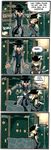  1girl 4koma blonde_hair bloodborne bow coat comic commentary english gehrman_the_first_hunter grey_hair hair_bow hat highres lady_maria_of_the_astral_clocktower long_hair ponytail pushing scarf setz the_old_hunters tricorne well 