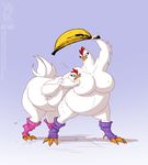  avian banana bird blue_eyes breasts chicken clothing conditional_dnp duo female food fruit jollyjack leg_warmers legwear overweight 