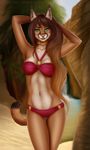  2016 anthro armpits bikini blurred_background breasts brown_hair cat clothing day etskuni eyelashes feline female fur green_eyes hair inner_ear_fluff looking_at_viewer mammal midriff navel outside pink_nose smile solo swimsuit tan_fur whiskers 