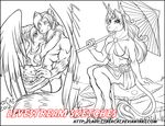  anthro canine cybercat equine feathered_wings feathers female group horn human male mammal monochrome sitting smile standing unicorn wings 