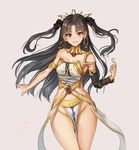  asymmetrical_sleeves athenawyrm bare_legs bare_shoulders beckoning black_hair blush breasts cleavage cowboy_shot crown detached_sleeves earrings fate/grand_order fate_(series) gradient gradient_background grey_background groin hair_ribbon hoop_earrings ishtar_(fate/grand_order) jewelry loincloth long_hair looking_at_viewer medium_breasts neck_ring no_panties pelvic_curtain red_eyes ribbon seductive_smile smile solo two_side_up wide_hips 