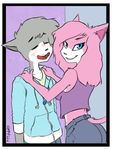  2016 aeris_(vg_cats) anthro blue_eyes cat feline female fur grey_fur hair kiss_mark leo_(vg_cats) male mammal pink_fur soupbag vg_cats 