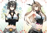  ;) alternate_hair_length alternate_hairstyle bare_shoulders black_hair breasts brown_hair crossed_arms elbow_gloves fingerless_gloves gloves hairstyle_switch hand_on_hip headgear kantai_collection kodama_(wa-ka-me) large_breasts lips long_hair midriff multiple_girls mutsu_(kantai_collection) nagato_(kantai_collection) navel one_eye_closed pleated_skirt shiny shiny_hair short_hair skirt smile white_gloves yellow_eyes 