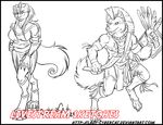  anthro armor canine clothed clothing cybercat duo feline female looking_at_viewer male mammal monochrome open_mouth smile 